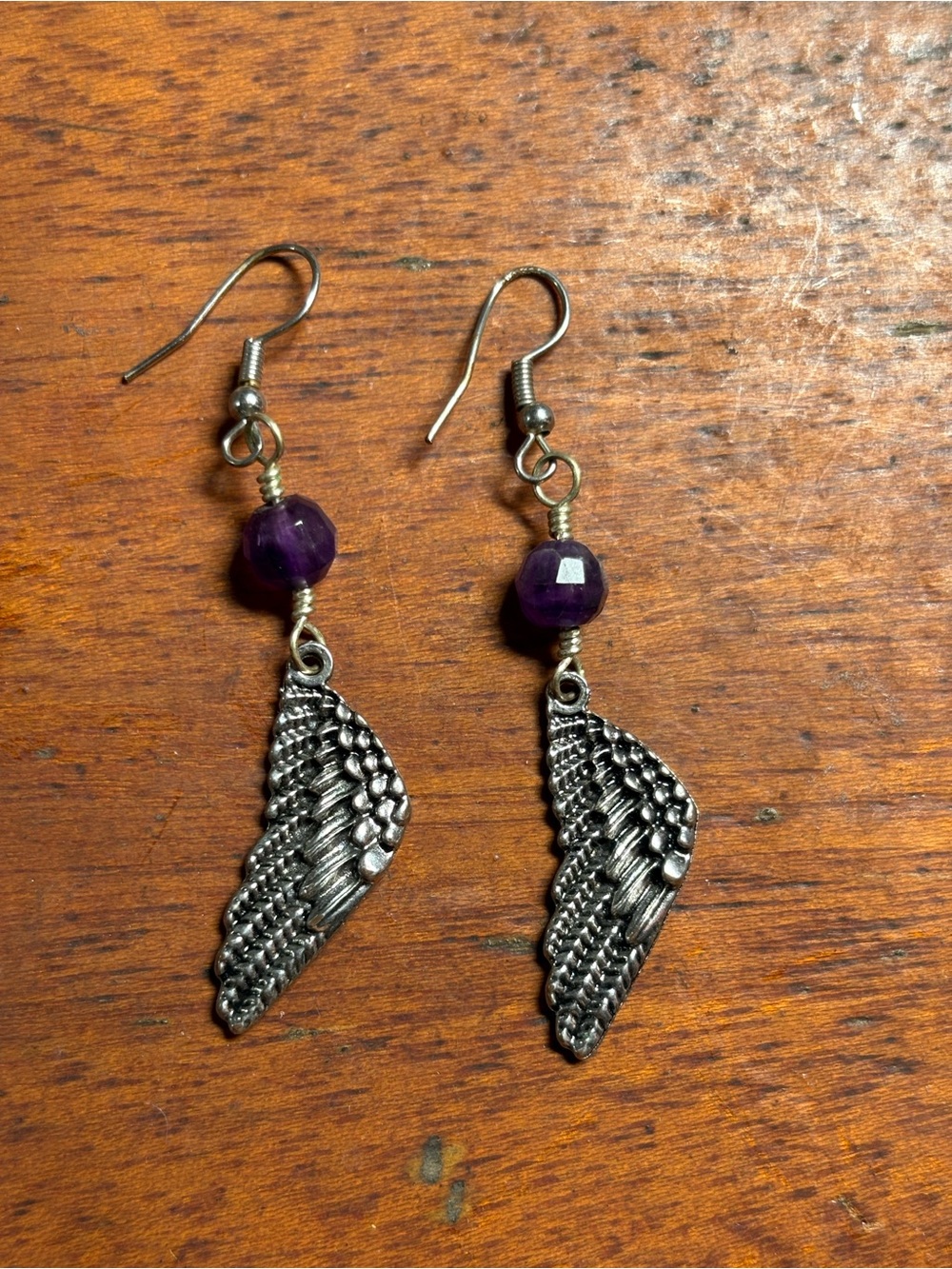 Silver Wing Drop Earrings with Purple Amethyst Beads - Women Jewelry